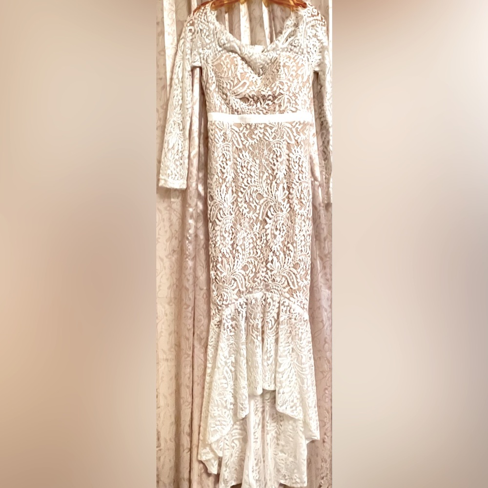 White and tan lace dress